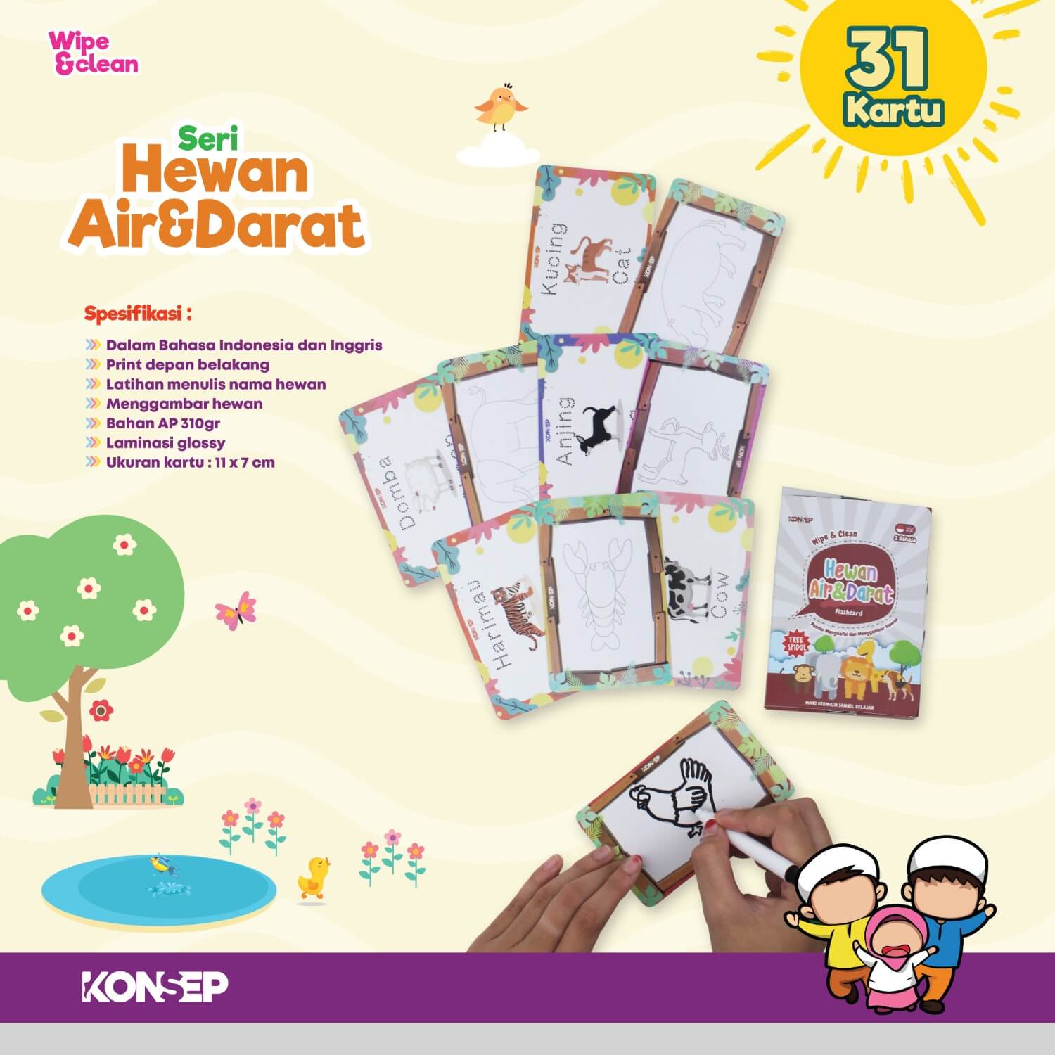 Flash Card Wipe & Clean Hewan Air & Darat - Kartu Belajar Anak Bergambar - Konsep Studio